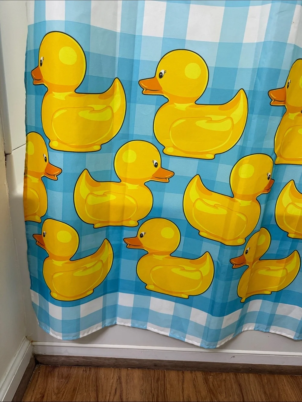 Bright Yellow Rubber Duck Shower Curtain on Blue Gingham